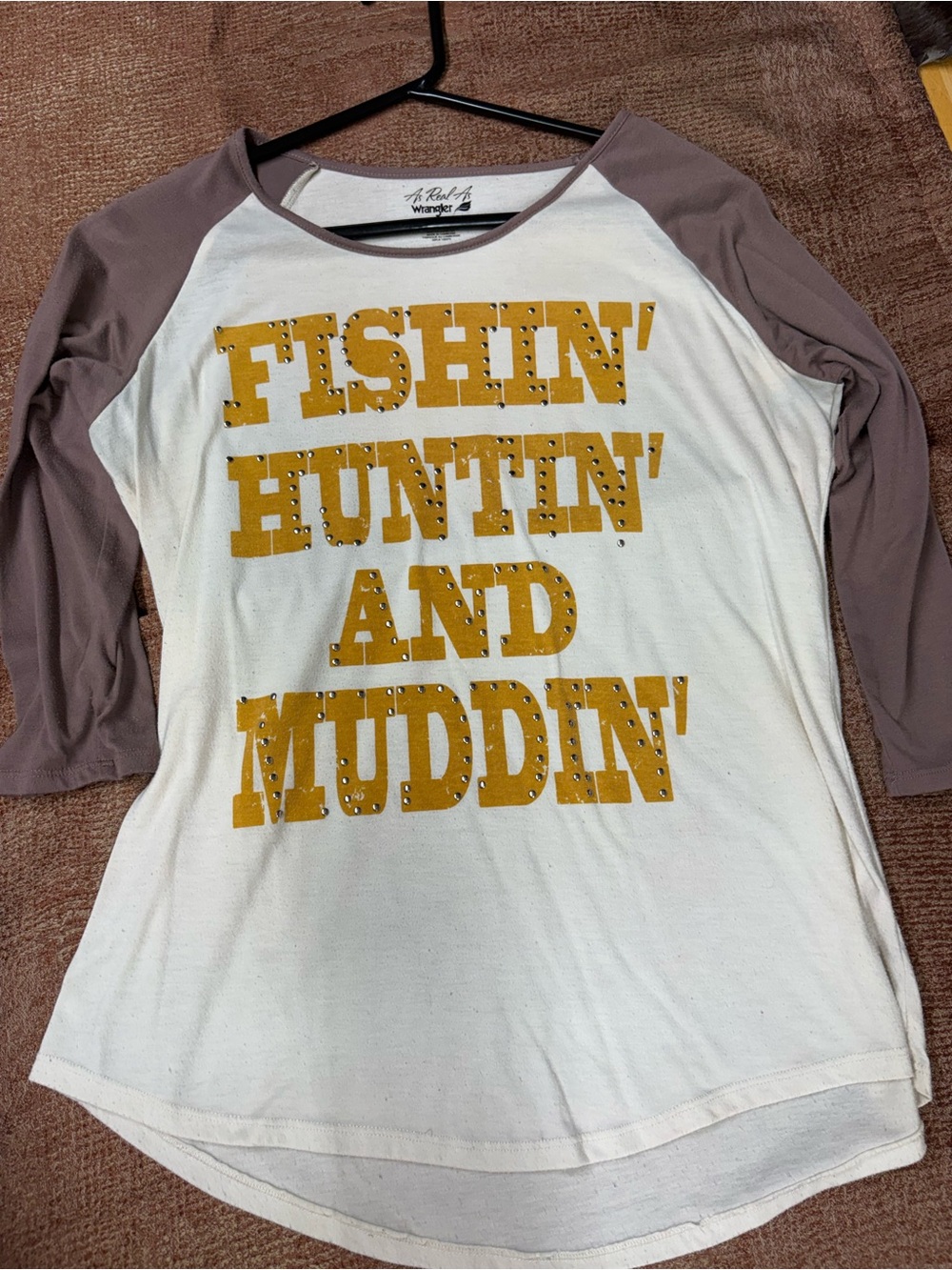 Wrangler White Tee with Taupe Sleeves and Mustard Yellow Text